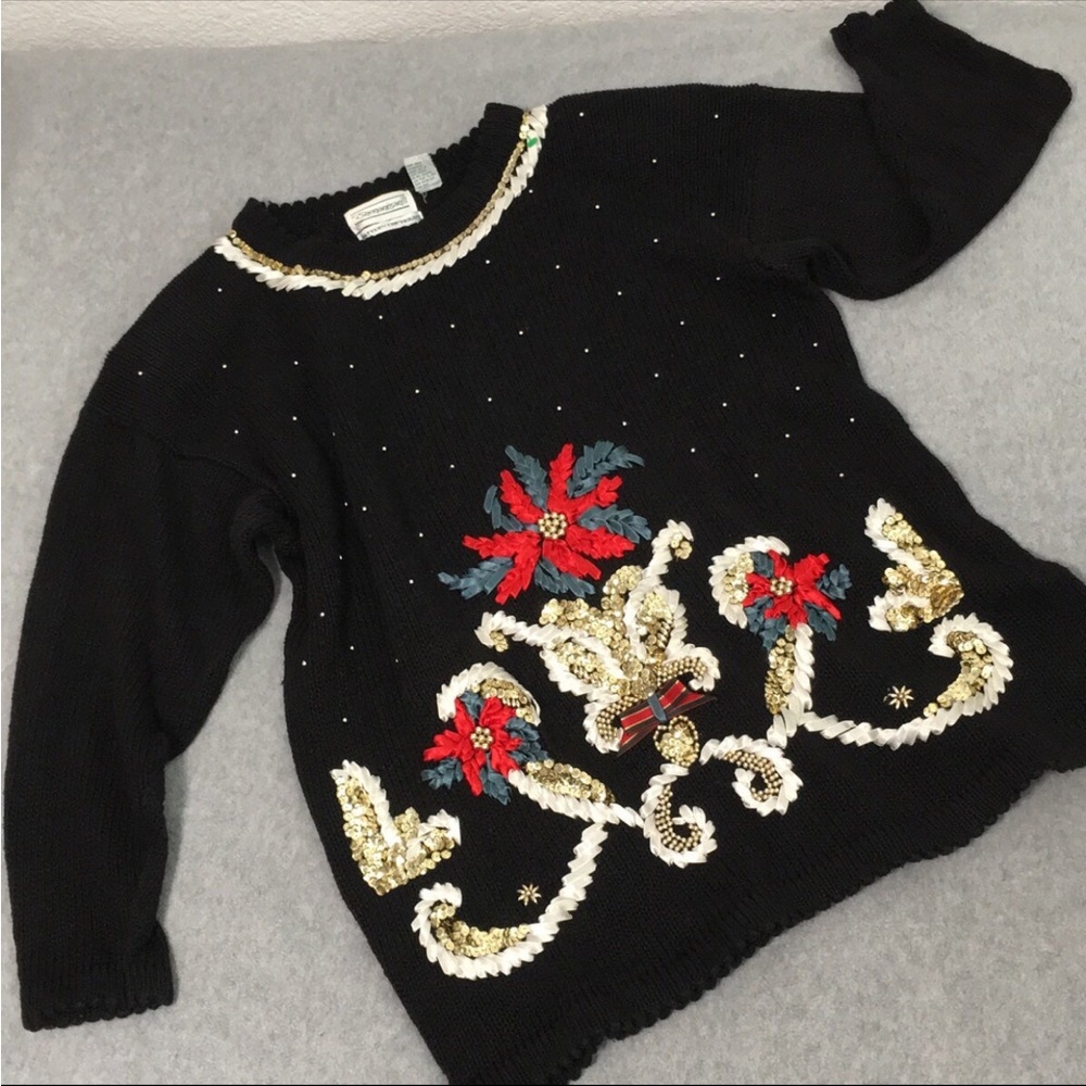 Black Embellished Sweater with Floral Design